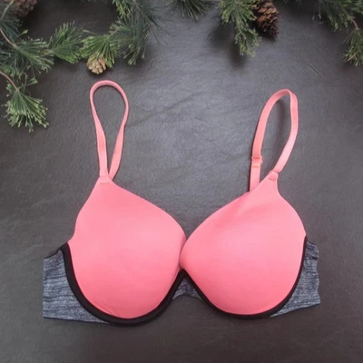 Victoria's Secret PINK Bra Womens 34C Coral Pink Gray T-Shirt Padded Underwire - Image 1 of 4