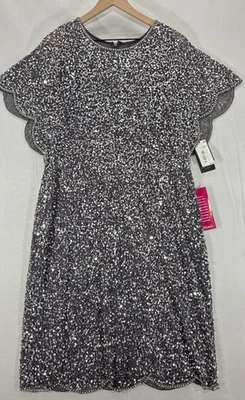 Adrianna Papell亮片紧身连衣裙飘动袖银色鸡尾酒会MOB 14W — 第 1/4 张图片