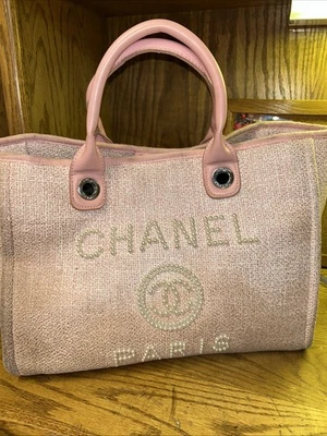 Chanel Deauville Tote Pearl Embellished Canvas Medium Pink Bag Authentic 14”x9” - Image 1 of 4