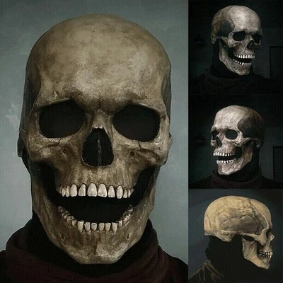 Full Head Skull Mask Helmet w/ Movable Jaw Halloween Party Prop Latex Headgear