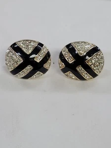 COSTUME JEWELRY OVAL BLACK STRIPES WITH WHITE STONES CLIP ON EARRINGS - Bild 1 von 2