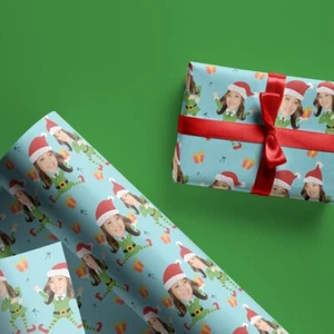 Photo Personalized Christmas Gift Wrap with Elf Santa Hat Xmas Wrapping Paper - Picture 1 of 10