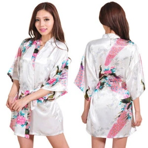 UK Peacock Satin Robe Wedding Bridesmaid Kimono Dressing Gown Sleepwear Bathrobe - Picture 1 of 21