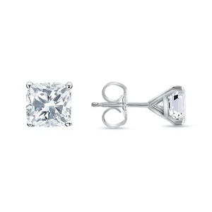 3 Ct Cushion Cut Created Diamond Earrings Studs Real 14K White Gold Martini Push - Picture 1 of 3
