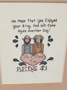 Vintage Framed Needlepoint Me and Thee Inn Beds $1 Funny - Picture 1 of 4