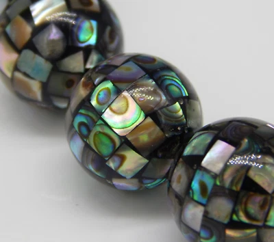 3 Abalone Mosaik Perlen ca 15mm groß Paua Muschel große Kugeln Perlmutt - Bild 1 von 2