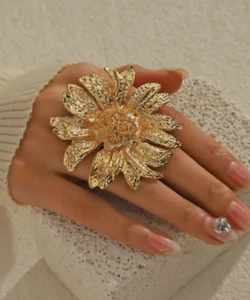 Gold Sunflower Ring Shiny Oversized Adjustable Chunky Large Statement Flower - Picture 1 of 9
