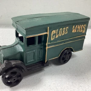 VINTAGE CAST IRON TRUCK GLOBE LINE GREEN Door Stop Decorate Black Wheels Classic - Picture 1 of 4