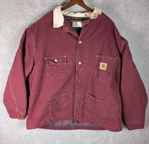 VTG Carhartt Jacket Men’s XXL CB0446 Wine Chore Coat Blanket Lined Y2K Work - Picture 1 of 12