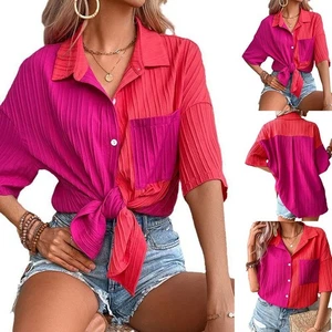 Fashionable Casual Shirt for Women with Lapel and Short Sleeves in Red - Picture 1 of 55