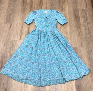 Vintage Laura Ashley Kleid 10 blau Blumen Maxi Puffärmel Tasche Großbritannien - Bild 1 von 14