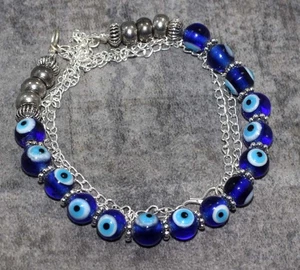 925 Silver Plated Premium Blue Evil Eye Beaded Necklace Size 18" AU y491 - Picture 1 of 3