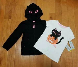 Cat & Jack Black Cat Ears Zip-Up Hooded Jacket w/T-shirt, XS 4/5 NWT, Halloween - Picture 1 of 8