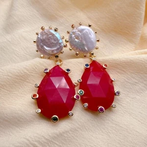 Cultured White Coin Pearl Red Jade Cz Pave Teardrop Dangle Earrings Jewelry Gift - Picture 1 of 6