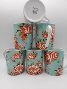 Set Of 6 Marks & Spencer Porcelain Rose Design Coffee Mugs - Picture 1 of 6