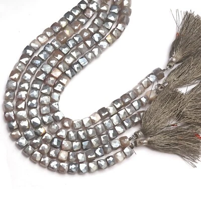 Grauer Mondstein 8 Zoll Strang 6-7 mm facettierte Würfelform Edelstein beschi... - Bild 1 von 4