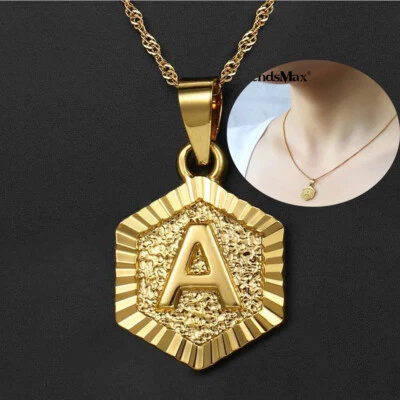 Mujeres Hombres Hexágono Relleno de Oro Inicial Letra A-Z Colgante Collar Joyería Navidad Foto 1 de 4