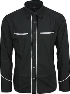 Camisa de Vaquero Occidental Negra Lisa Relco con Tubería Blanca Manga Larga - Imagen 1 de 3