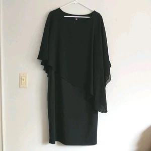 Hannah Nicole Midi Dress 18W Black Sheath Asymmetrical Overlay Cape Side Zip New - Picture 1 of 11