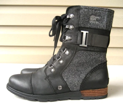 Sorel Major Carly Black Leather Gray Wool Zip Combat Boots Size 9 EXCELLENT - Image 1 of 4