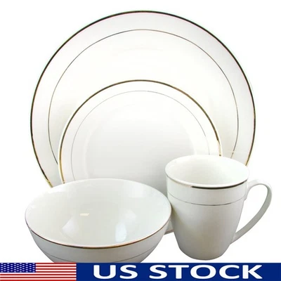16 Piece Dinnerware Set Fine Ceramic Double Gold Banded Elegant Dishes - Image 1 of 4
