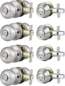 4 Stück Gleichschließend Eingangstürknauf und Riegel Set, Satin Nickel Doppelzylinder... - Bild 1 von 7