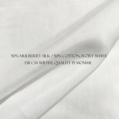 Natural Silk Cotton Fabric 55'' Wide 15 Momme Ivory White Mulberry Silk Material - Image 1 of 4