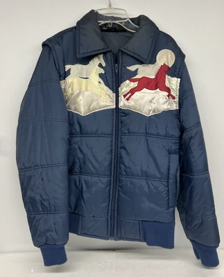 Vintage 1970s/1980s Blue Western Puffer Jacket w Horses Sleeves Unzip Small - Image 1 of 4