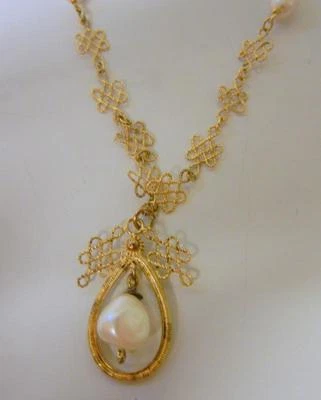 古董中国黄金纯银结饰珍珠护身符项链 — 第 1/4 张图片