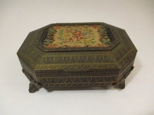 Antique Vintage Schildkraut Jewelry Box Ornate Floral Bronze Needlepoint - Picture 1 of 12