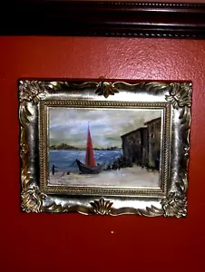 Vintage Old Gray Black SHIP Fishing Boat on Dock Signed C Webster Oil Painting - Picture 1 of 12