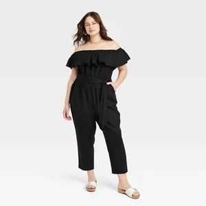 Ava & Viv Women's 3X Ruffle Top Hem Trim Off Shoulder Linen Blend Black Jumpsuit - Picture 1 of 9