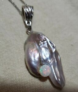 #892 Large Lavender Pearl With Tiny Floating Opal Necklace