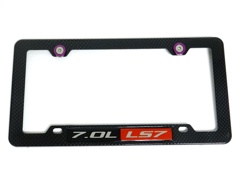 7.0L LS7 CARBON FIBER LOOK LICENSE PLATE FRAME W/ 2 PURPLE WASHERS & BOLTS  - Image 1 of 1