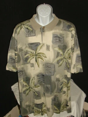 Tommy Bahama Beige/Green/Gray Palm Tree Print Silk/Cotton S/S Polo Shirt Sz. L - Image 1 of 4