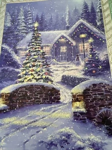 Vintage Weihnachtskarte UNBENUTZT Glitzer Tannenbaum Schnee Haus Licht Richard Macneil 5x7 - Bild 1 von 11