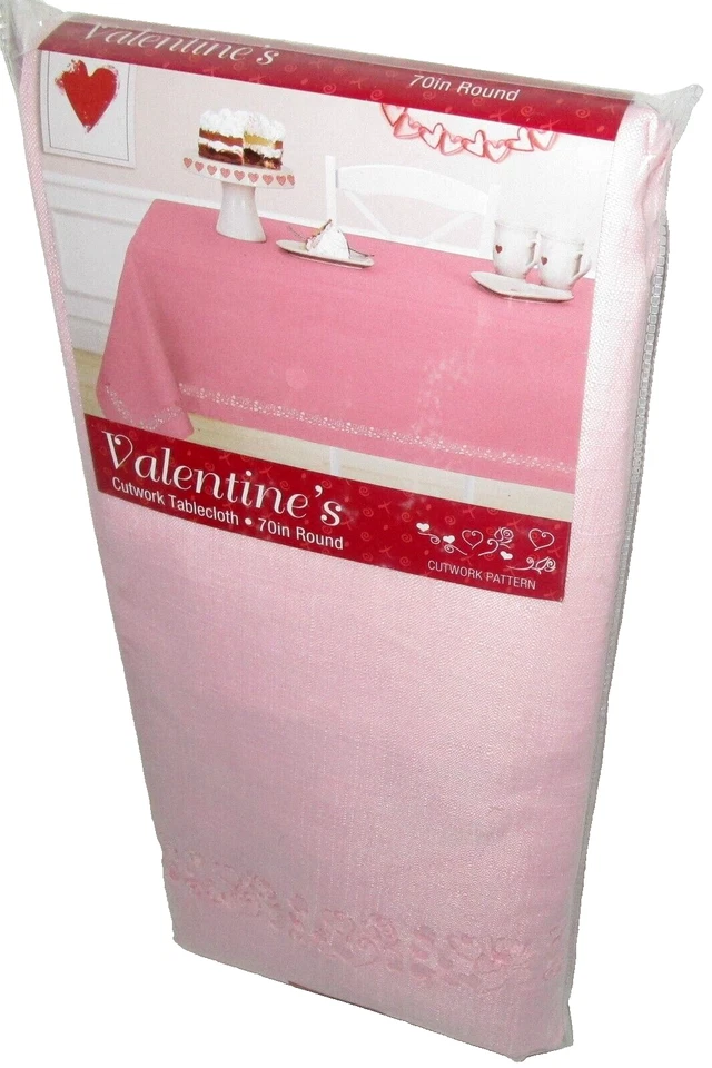 VALENTINE'S Cutwork Tablecloth  ~ PINK W/ Cutwork Patter~ 70" Round ~ Seats 4-6 - Image 1 of 1