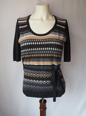 The Limited Merino Wool Lightweight Pullover Belted Striped Argyle Gray Brown M - Image 1 of 4