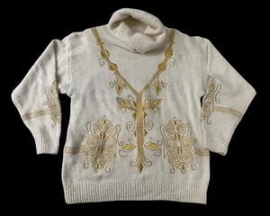 Vintage Glory B Women's Cowl Turtleneck Gold Floral Embroidered Sweater Small - Picture 1 of 4