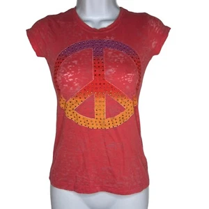 Mudd Girls Peace Tee Shirt Coral Pink Rainbow Rhinestone Size M 10 - 12 - Picture 1 of 5