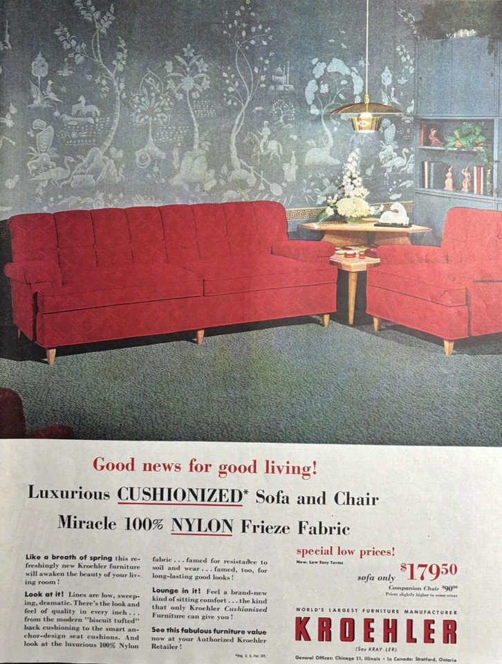 1953 Kroehler Furniture Manufacturer Cushionized Sofa & Chair VTG Print Ad - Image 1 of 1