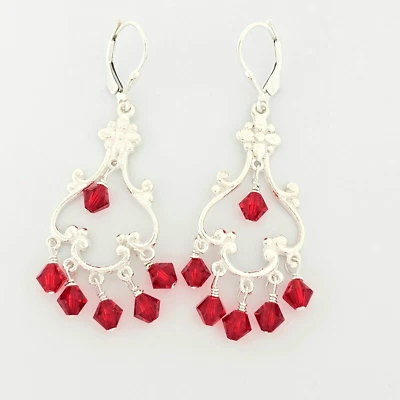 Solid 925 Silver Fancy Fire Red Austrian Crystal Chandelier Dangle Earrings - Image 1 of 4