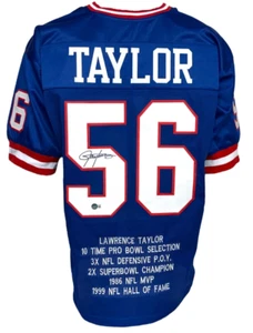 New York Giants Lawrence Taylor Autographed Pro Style Blue Stat Jersey BAS Au... - Picture 1 of 1