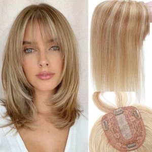100% Human Hair Topper Hairpiece with Bangs Clip On Topper Wigs Cover Loss Hair - Picture 1 of 30