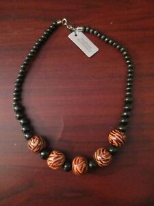 Animal Print Ladies Wooden Black Bead Necklace with Zebra Print Beads