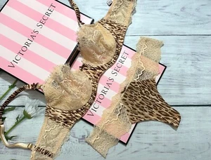 Victorias Secret DREAM ANGELS UNLINED Push-Up Bra Thong Set Champagne Animal - Picture 1 of 4