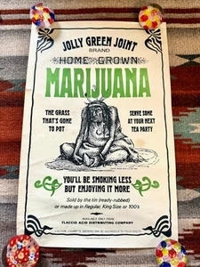 Póster publicitario de colección años 60 70 marca conjunta verde alegre cultivada en casa marihuana Head Shop - Imagen 1 de 18