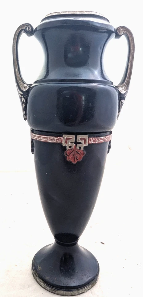Jarrón plateado vintage raro Wallace Brothers Co. con esmalte azul y rojo - 10" Foto 1 de 4