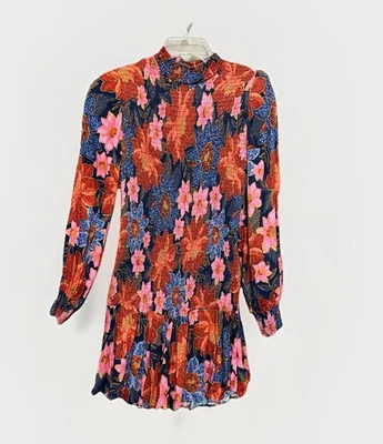 Mini Vestido Farm Rio Calado Jardín Talla XS Manga Larga Coy Colorido Azul Rosa Rojo Foto 1 de 4