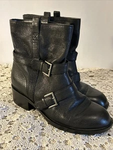 COLE HAHN Fabrizia Moto Boots Black Women’s Sz 7.5 Double Buckle - Picture 1 of 10